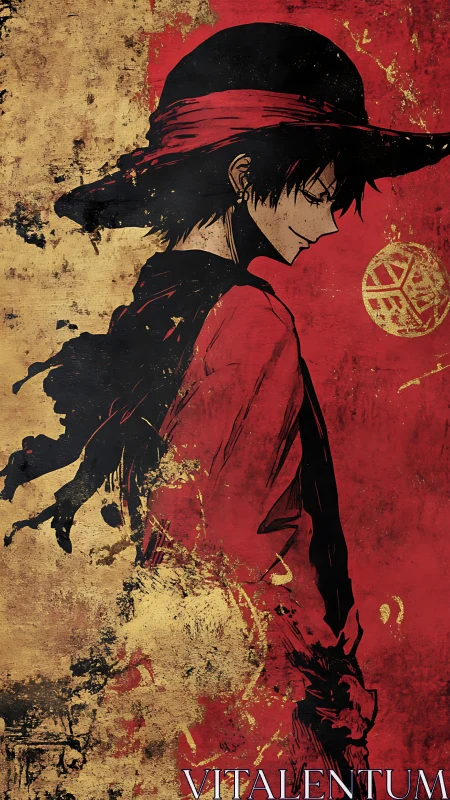 Side profile of anime figure in hat on red textured field.