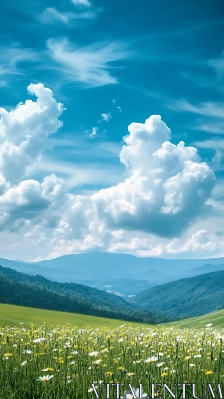 Cloud kingdoms drifting above a wildflower mountain valley.