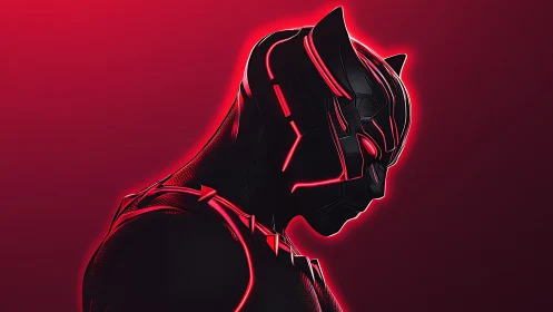 Neon outlined panther-like armored hero in profile view.