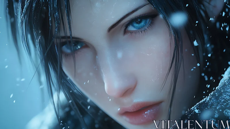 Snowlit gaze of a blue eyed wanderer in quiet winter storm.