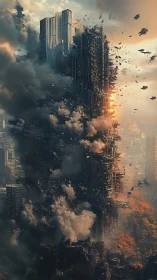 Sunset shatters a towering city ruin into drifting ash.