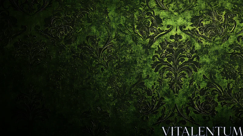 Ornate green damask wallpaper with aged textured finish.