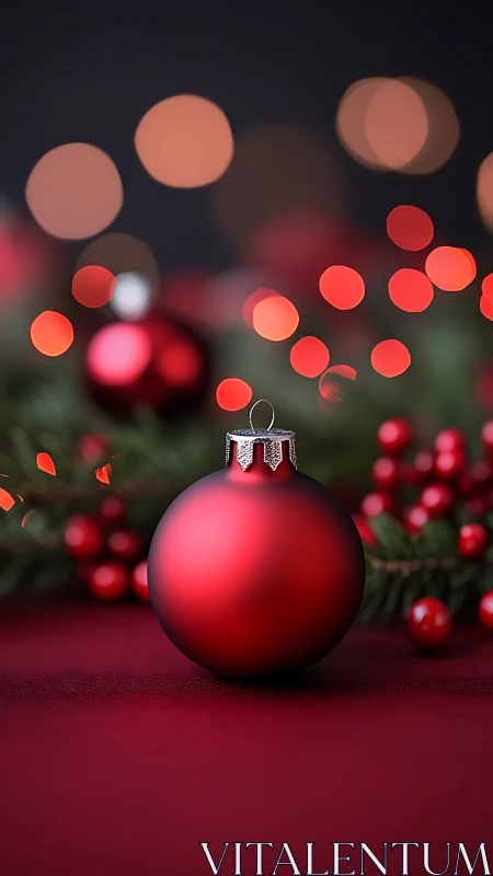 Red Christmas ornament with bokeh lights on table.