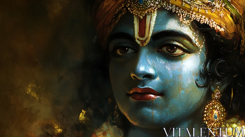 Digital painting portrait of blue-skinned deity with jeweled crown.