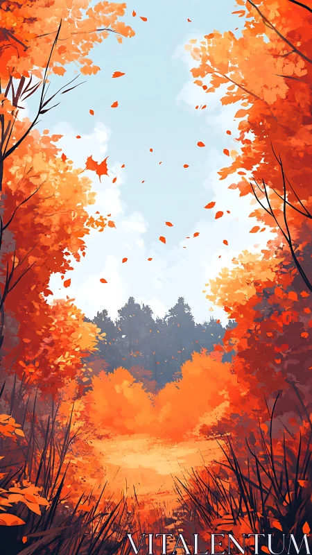 Autumn Forest Pathway with Falling Leaves and Light.