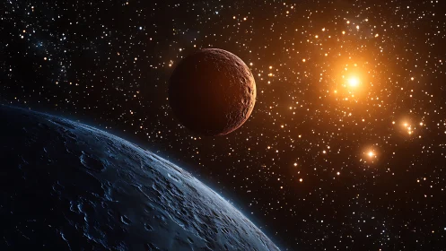 Digital space vista with dual planets and radiant starfield.