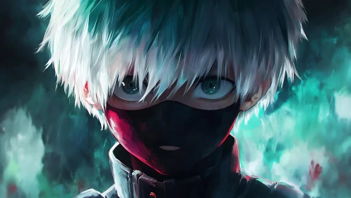 Masked silver‑haired vigilante in eerie teal afterglow.