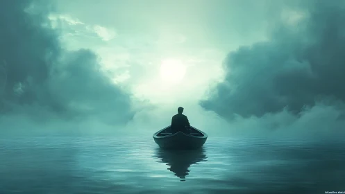 Solitary rower drifts toward hazy turquoise sunrise horizon.