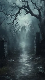 Fogbound haunted path toward distant gothic tower.
