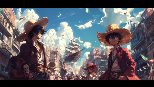 Straw-hatted pirates in dynamic anime port street scene.