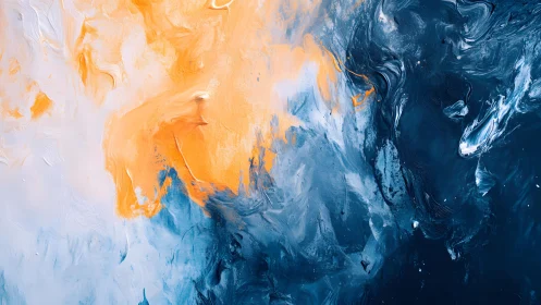 Abstract blue, orange, and white acrylic painting with dynamic swirls.