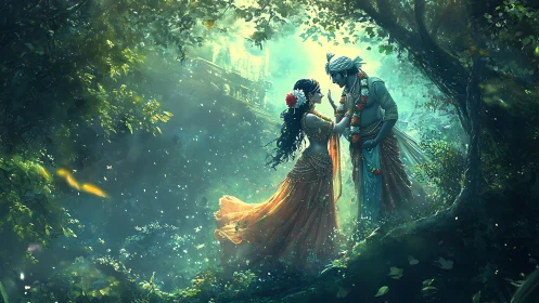 Enchanted lovers shimmer in a moonlit, emerald forest dream.