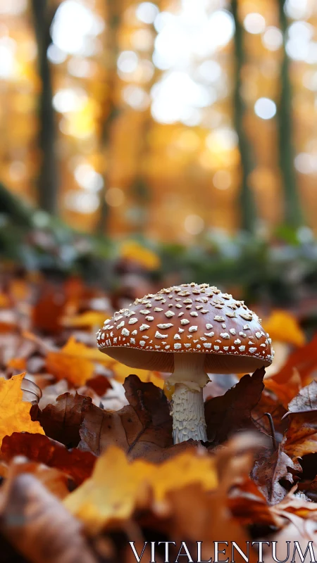 Fly agaric mushroom on forest floor amid autumn leaves.