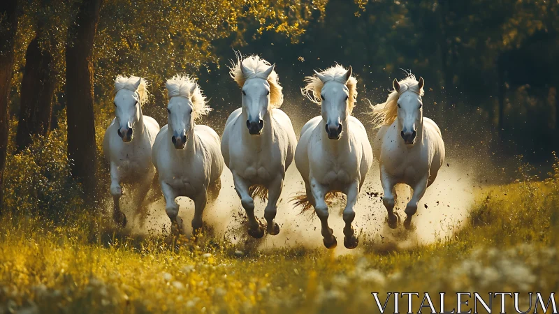 Galloping white horses charge through glowing forest meadow.