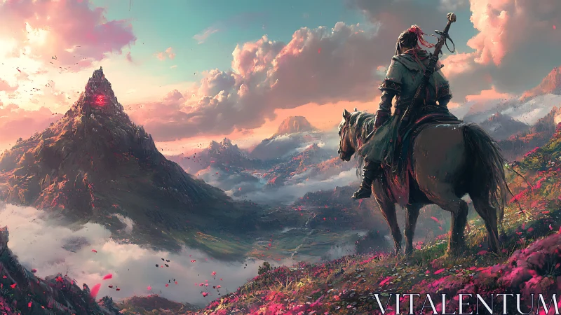 Lone rider overlooking glowing enchanted mountain valley.