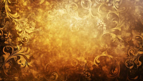 Baroque floral scrollwork overlays textured metallic gold background