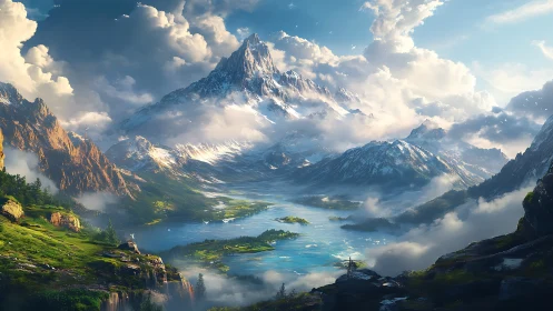 Sky-bridged mountain kingdom above a dreaming sapphire lake.