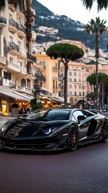 Black supercar glides through sunlit European city street