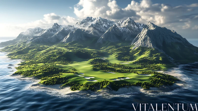 Mountain island golf course under dramatic coastal light