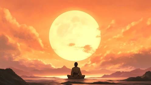 Solitary meditator before oversized sun in luminous orange sky.
