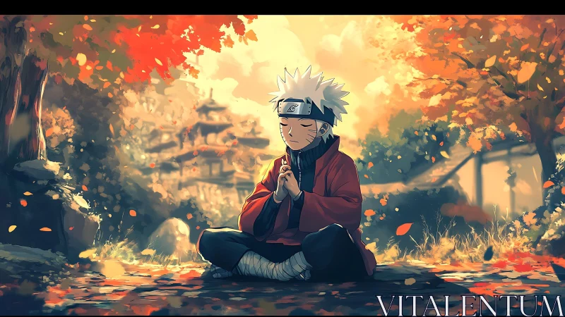 Meditating ninja youth in autumn forest, warm backlit scene