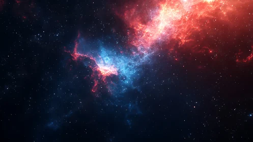 Red and blue nebula cloud across dense star field in space.