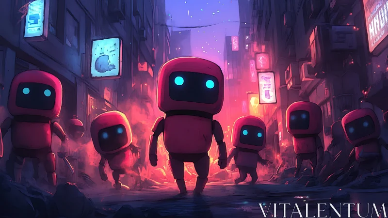 Neon alley robots march through a glowing cyberpunk dusk.