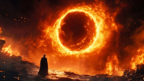 Lone wanderer beneath a roaring ring of living fire.