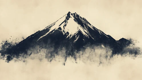 Ink style snowy mountain peak over abstract mist.