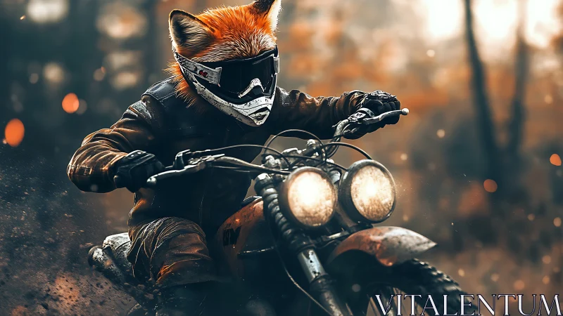 Fox-headed motorcyclist rides through autumn forest trail.