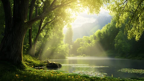 Sunlit forest lake with luminous foliage and soft misty rays.