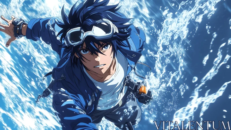 Goggled wave-runner slicing through blue-white surf skies.