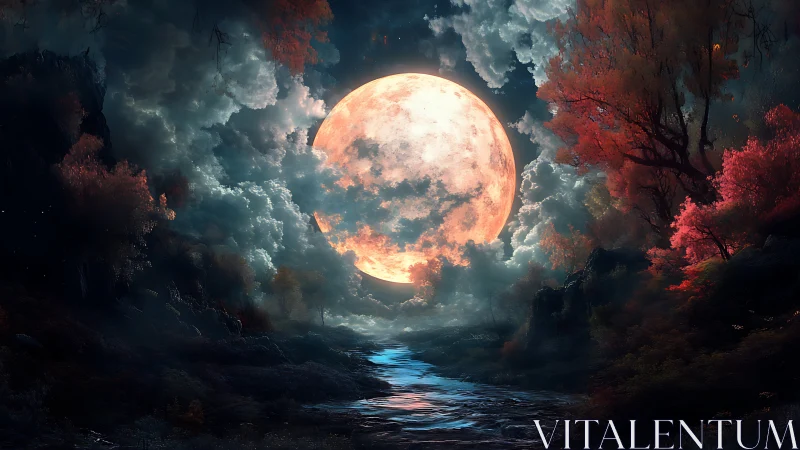 Crimson moonrise over whispering river in dreamthick forest.