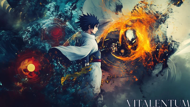 Storm-souled anime warrior walking through colliding cosmos.