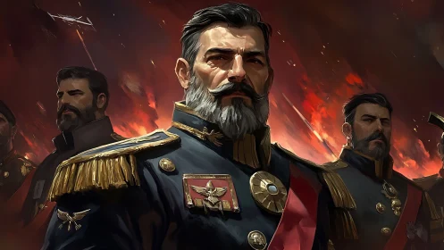 Admiral of embers stands amid roaring crimson war skies.