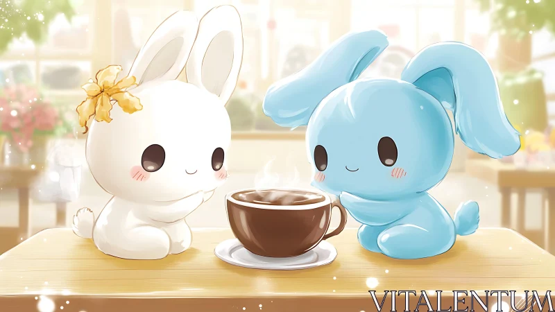 Two cartoon bunnies sit at a table sharing a hot drink
