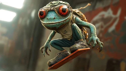 Skater frog hero catching air on a worn city hoverboard.