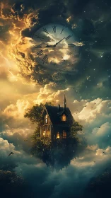 Floating sky cottage under celestial clock of shifting light.
