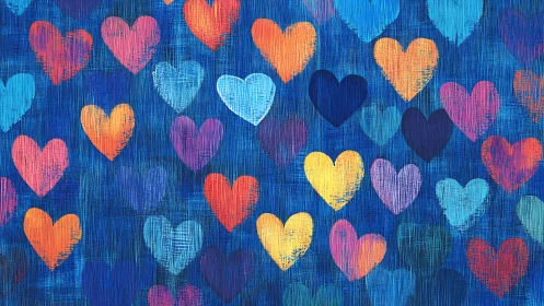 Vibrant hearts scattered across textured blue backdrop.