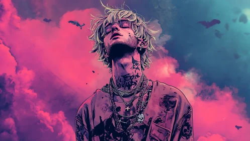 Tattooed figure in stylized neon clouds with birds overhead.