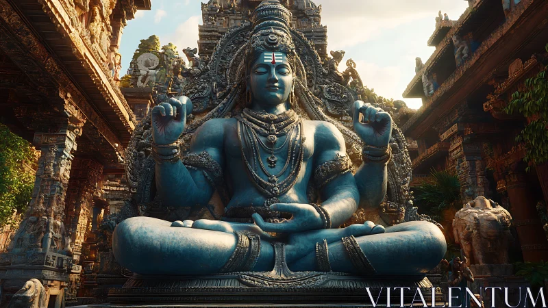 Blue seated deity statue in ornate temple courtyard setting.