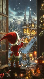 Little Christmas elf gazes out over snowy festive village.