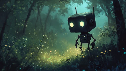 Curious little forest robot glowing softly in twilight hush.
