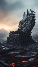 Sword-forged throne rising over scorched volcanic terrain.