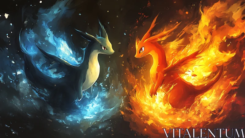 Elemental dragon duel unfolds in swirling fire and water.