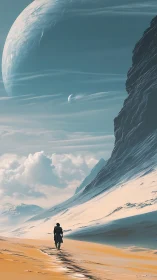 Lone explorer crossing icy desert beneath colossal planet.
