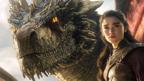 Fierce young rider stands bravely beside her loyal dragon
