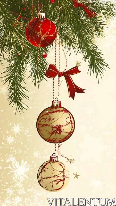 Vertical digital painting of festive hanging Christmas baubles.