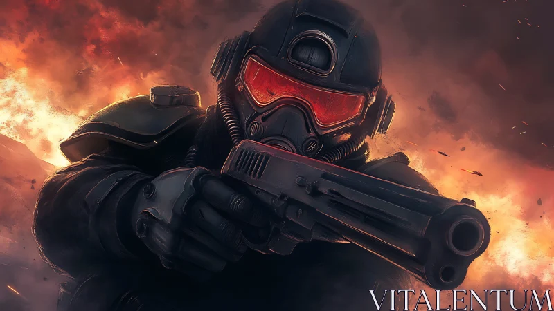 Flame-lit shock trooper strides through shrapnel storms.