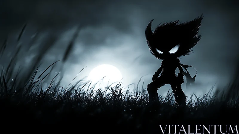 Silhouetted cartoon figure in moonlit grassland at night.